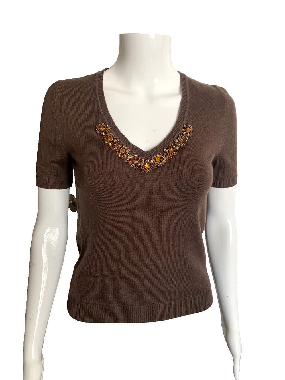 Vintage Blumarine Brown Beaded Sweater Top IT-38 S Small Short Sleeve V-neck